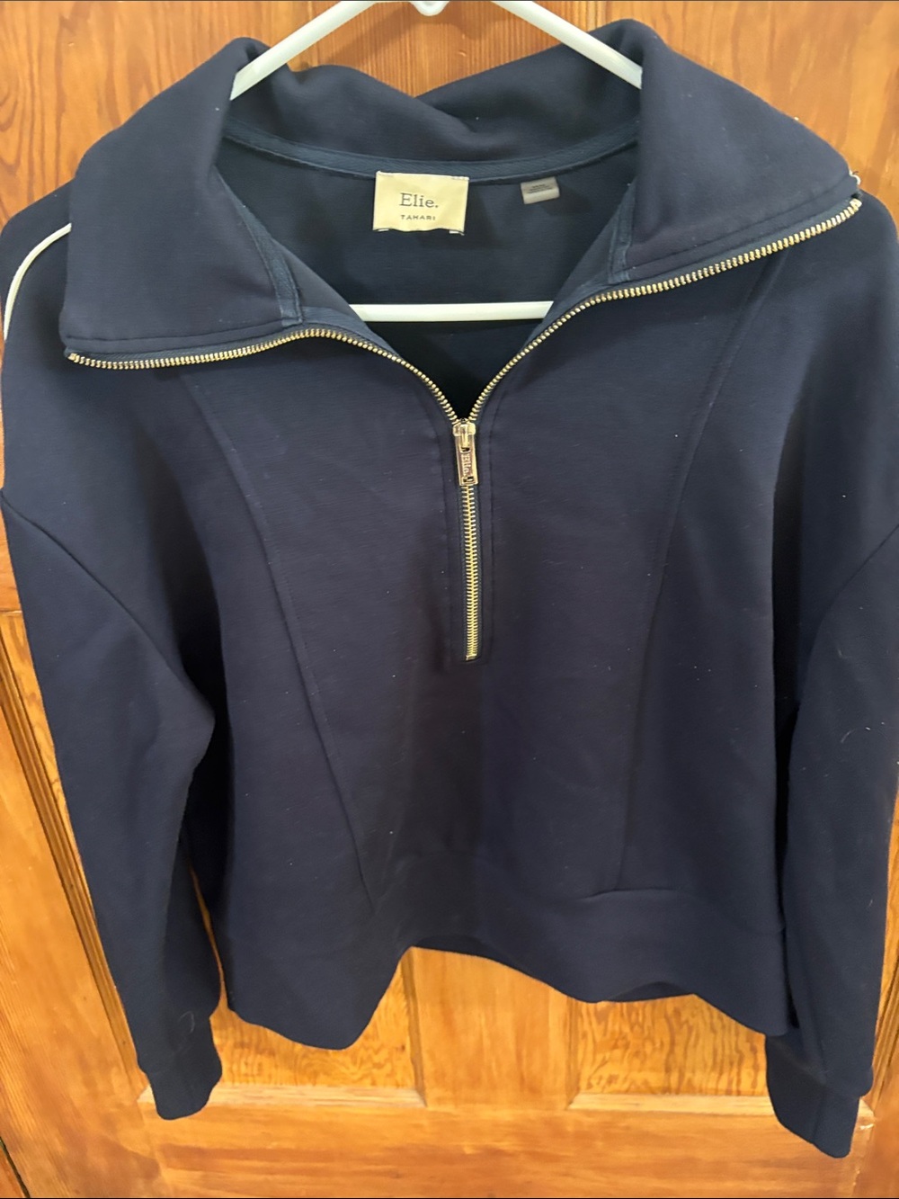Elle Navy Quarter-Zip Pullover Sweater with Gold Zip